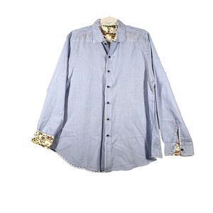Robert Graham Shirt Mens L Blue Long Sleeve Button Up Solid 100% Linen flip cuff
